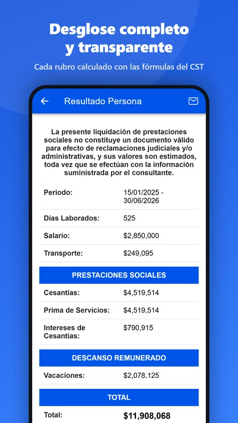 Resultado del cálculo de liquidación