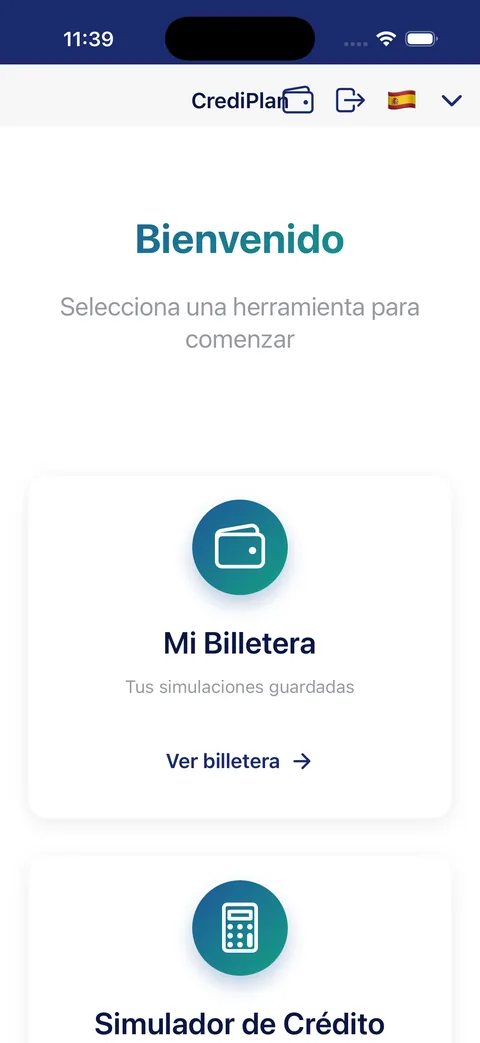 Pantalla de inicio de CrediPlan con Mi Billetera y el simulador de crédito